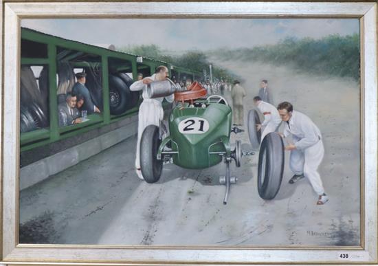 Max Brandrett, oil on canvas, Changing the wheels on a vintage racing car, signed, 60 x 91cm